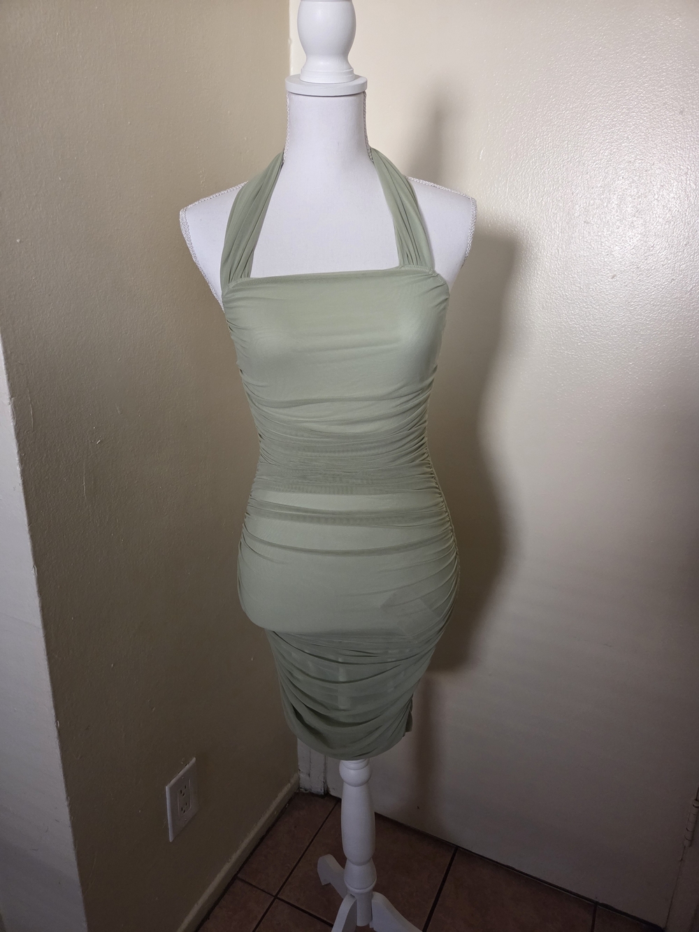 SHEIN Sage Green Halter Ruched Mini Dress